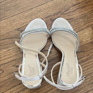 Jewel Badgley Mischka White and Silver Strappy Heels